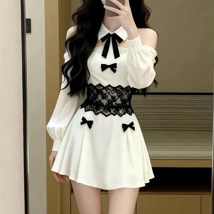 Sexy Famous Tidaught Lace Splicing Colliding With Color Bows Long-Sleeved Dress Women Spring And Autumn Waist A Word Super Short Skirt