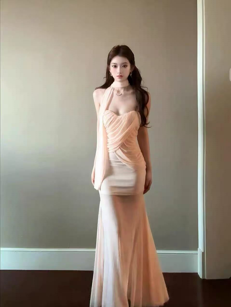 Pure Lustrous Gentle Bare-Colored Mesh Dress Female High-End Temperament Vacation Fishtail Ass And Hip Dress