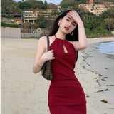 Black Hanging Neck Sexy Out-Shoulder Dress Repair Pocket-Length Dress Small Black Dress