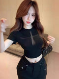 Black Hollow Perspective Cross Design Sense Short-Sleeved T-Shirt Girl Small Waist Repair Slim Thin Top Woman T