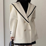 South Korea Autumn And Winter French Retro Age Reduction Navy Collar Double Buckle Loose Leisure Imitation Cashmere Wool Coat Woman