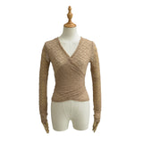 Sexy Micro-Permeable Hollow Cross V Collar Long-Sleeved Lace Jersey Girl Slimming Temperament Bottom Shirt T-Shirt Shirt