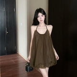 Solidly Colored Bare Shoulder With Back Hanging Neck With Dress Women's Summer Vacation Net Folded Loose Flower Skirt Skirt