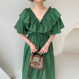 Korean Chic Summer Vintage V-Neck Drawstring Tethered With Wooden Ear Lotus Leaves Folded Waist Flying Sleeve Dress Woman