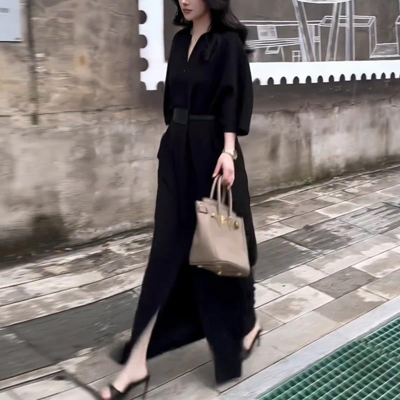 French Elegance Style Solid Color V-Neck Seven-Sleeve Dress Women Autumn With Pocket Open Fork Long Skirt