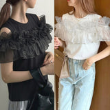 Real Shooting A Large Number Of Fake Two-Piece Multi-Wear French Women Heavy Industry Ordered Beaded Ear Lace High-End Cotton Shirt Women's Top