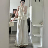 Korean Gentle Wind Hanging Neck Lotus Leaf Edge Sleeveless Coat Hanging Wide Leg Trousers Set Of Women's Summer Loose Thin Two Sets