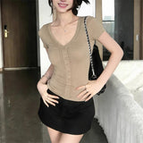 4.1/New In Spring XUAN XIAO JIE Solid Color V-Necked Knitted Short-Sleeved T-Shirt For Women