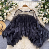 Light Luxury High-End Blouse Women Summer Lotus Edge Mesh Splicing Design Loose Famous Sister Top