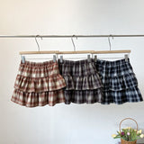 Tightening High-Waisted Lotus Leaves Side Hit The Color Lattice Half-Dressed Girl Dress 2025 Autumn Dress Korean Version Of A Small Girl Girl Short Skirt