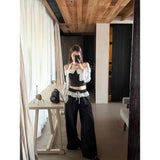 French Sweet Storm Point Tops A Word Shoulder Long-Sleeved Shirt Women's Autumn Chic To Receive Waist-Down Short Shirt