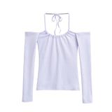 Spice Girl Slimming Thin Shoulder Shoulder Long-Sleeved T-Shirt Pure Desire Hottie Inside The Bottom Of The Tie Hanging Neck