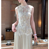 Light Luxury Heavy Industry Three-Dimensional Plate Flower Sleeveless Dress Spliced 100 Folds Thin Dress 2026 Summer