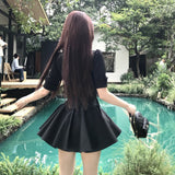 Black Waist Lace Splicing Polo Collar Dress Women Summer Pure Lust Bubble Bubble Sleeve A Short Skirt