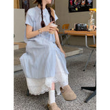 Blue Striped Short-Sleeved Shirt Dress Women's Summer 2025 New Korean Loose Long Folded Two-Piece