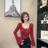 Ins Sexy Babes U Collar Bottomed Long-Sleeved T-Shirt Girl Spring And Autumn Korean Version Of Long-Sleeved T-Shirt Women's Top