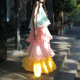 Candy Girl In The Long Color Sleeveless Hanging Neck A Word Wave Cake Dress Women's Summer Sweet Skirt Tide