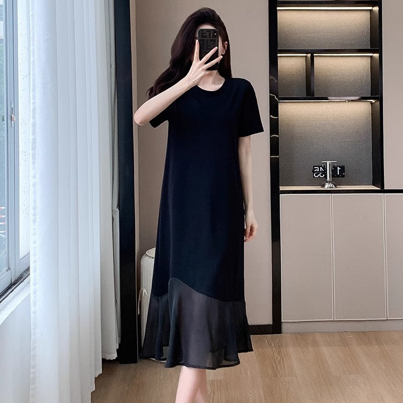 Irregular Bumpy Patchwork Short-Sleeved Dress Women's Design Sense Loose Thin Round Collar T-Shirt Dress New