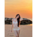 Sexy Hottie Rose Red Slings With Ajoint Dress Woman Spring New Slimming Net Yarn Hollow Blouse Tide