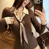 KANING Collisory Stitching Two Knitted Shirts 2026 Autumn And Winter New Polo Silk Scarf With Sweater Top