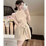 2025 Sleeveless Dress Women Summer French Open-Shoulder Sexy Actress Temperament Belt Belt Short Skirt