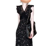 Black Lace Spliced Broken Floral Dress 2025 Summer Holiday Style French Temperament Unique Beautiful Threotier