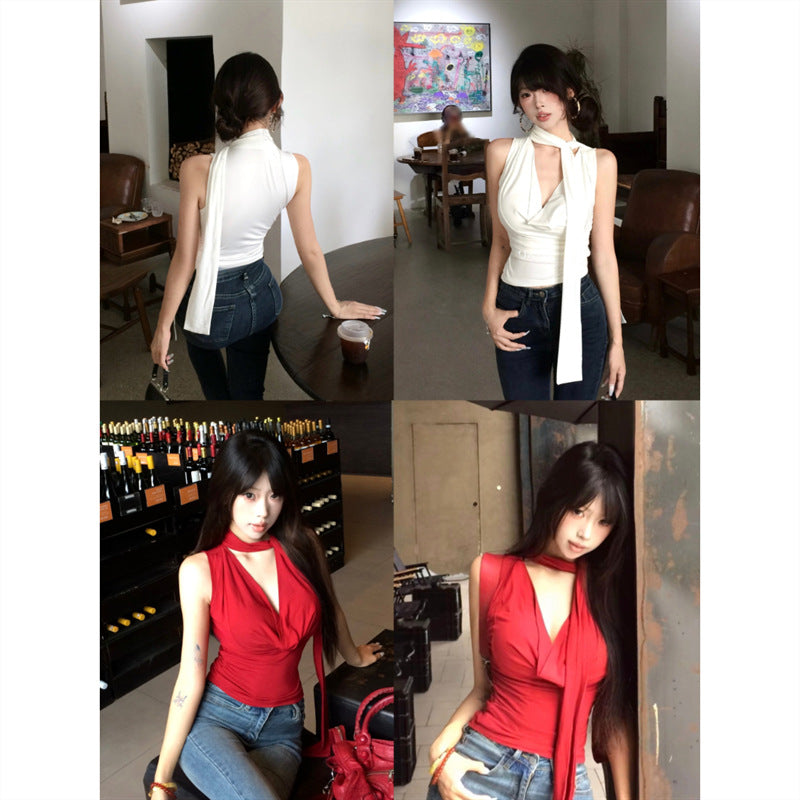 French Temperament Pure Windy Sexy V-Necked Sling Vest Women's Spring And Summer New Slimming Short Top
