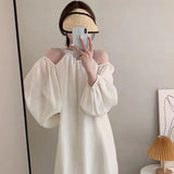 Hang Neck Chic Design Small Long-Sleeved Dress Women's Clothing Leaking Shoulder Thin Small Short Skirt Shoulder Strap
