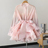 South Korea's Dongdaemun Autumn New Solid Color Lotus Leaf Side Long-Sleeved Shirt Niche Waist Thin Set-Up Shirt