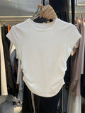 Ins Hot Girls Pure Want To Close Waist Small Flying Sleeve Girl T-Shirt Short-Sleeved Tops New Solid Color Bottom Body-Repair Women's Tide
