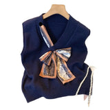 KANING Design-Sensitive Ribbon Bow V-Neck Vest Women's Autumn Soft-Gried Knitted Vest Korean Sleeveless Top
