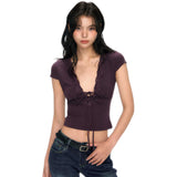 Sexy Babes Black V-Neck Front Shoulder Short-Sleeved T-Shirt Girl Summer New Slim Thin Umbilly Top
