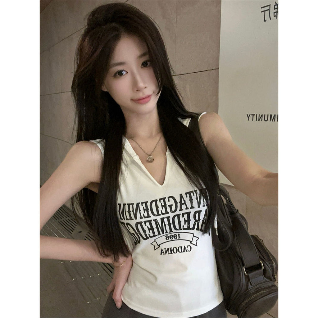Fashionish Letter-Print Hooded Vest Women's Summer New Hottie Design With A Short Top