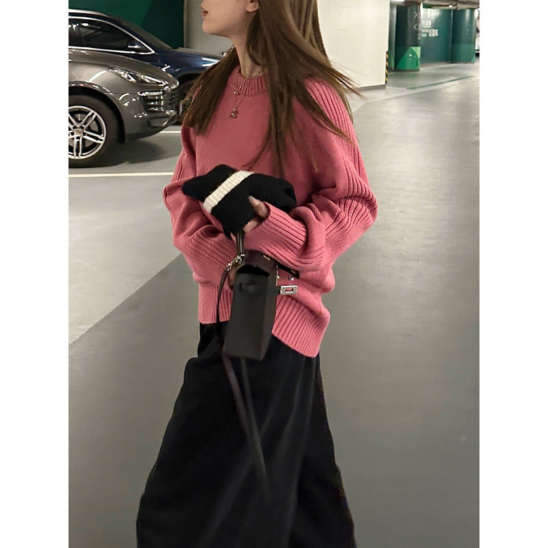 KANING Korean Version Of The Basic Round-Neck Red Sweater Women 2026 Autumn And Winter New Lazy Style Design Knitted Shirt