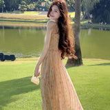 Temperament Sweet Wind Slings Broken Flowers V-Neck Dress Women Summer To Open Shoulders High A-Character Dress