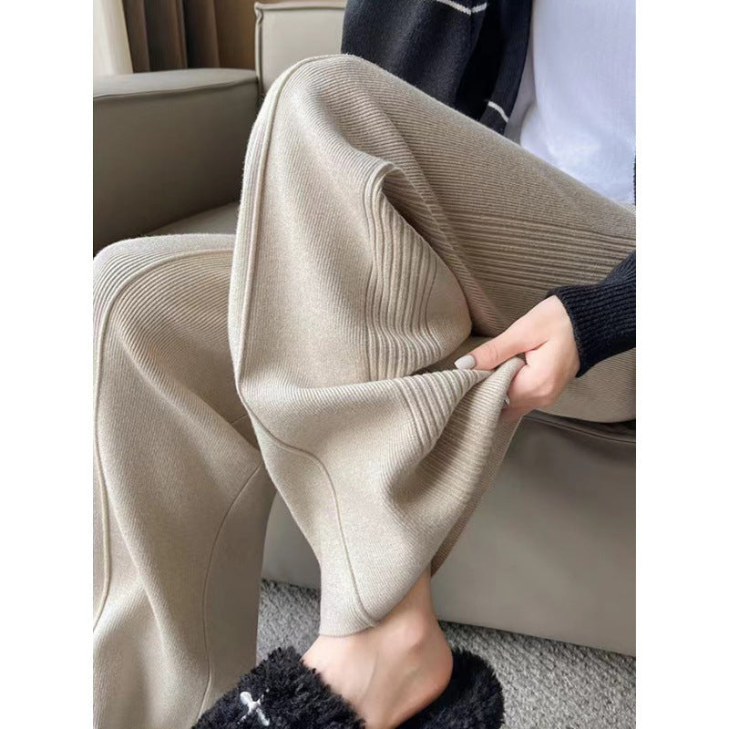 KANING Tight Waist Knitted Broad Leg Pants Women 2026 Autumn New High-Waist Design Feeling Solid Color Knitted Wool Trousers