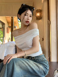 Ins Side-To-Shoulder Sexy Hot Girl Pure Desire To Collar Short-Sleeved T-Shirt Girl Summer Slimming Bottom Top Girl