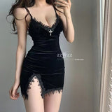 Pure Desire Low-Chested Sexy Dress Women Summer New Hot Girl Velvet Lace Slings Breast Pads Hip Skirt