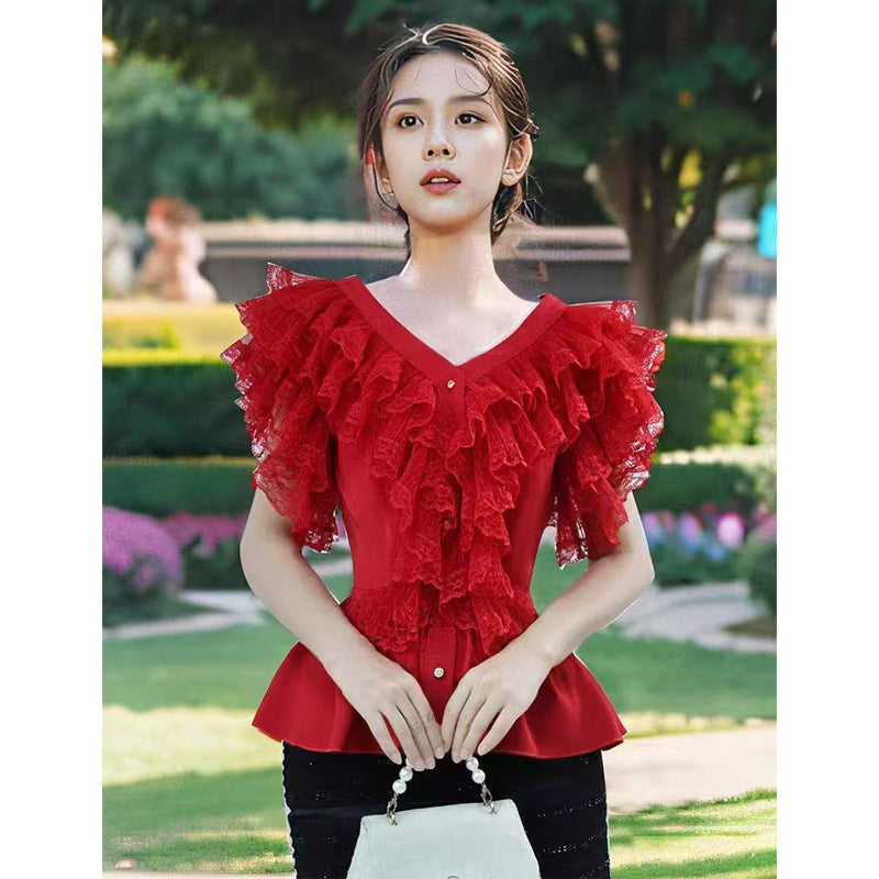 European Small Man Ocean Gas V-Neck Fashion Shirt Women Summer 2025 New Design Feel Red Top