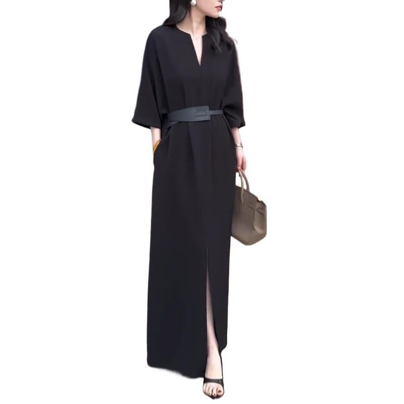 French Elegance Style Solid Color V-Neck Seven-Sleeve Dress Women Autumn With Pocket Open Fork Long Skirt