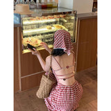 Lew-Back Red Lattice Sling Dress Women's New French Pastoral Style In Summer To Close The Waist Thin Dress