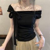 Hottie Style Strapped Slanted Shoulder Short-Sleeved T-Shirt 2026 Summer New Slimmed Temperament Short Niche Blouse Woman
