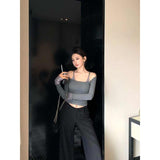 French Temperament Gray Fake Two Long-Sleeved T-Shirt Women's Winter New Slimming With A Short Top Tide