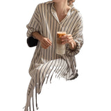 Korean Autumn Languid Wind Simple Collar Bump Color Stripes Design Loose Leisure Long-Sleeved Shirt Dress