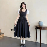 Hepburn Style Colliding Button-Fight Collar Bubble Sleeve Dress Women Summer Waist Light Luxury High Umbrella Skirt Dress