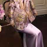 Purple East Autumn Girl New Chinese Style Three-Dimensional Embossed Embroidered Coat Set + Half-Dress Two-Piece Set