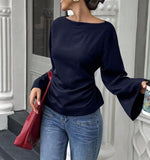 Sexy Ins Boat Tie With Horn Sleeve T-Shirt For Girls Spring And Autumn Waists Long Sleeves Bottom Women's Top