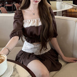 Miss Polka Tiansi Pure-Wanted Lace Splicing Set Top Ponmp Short Skirt Women's Summer Two Sets