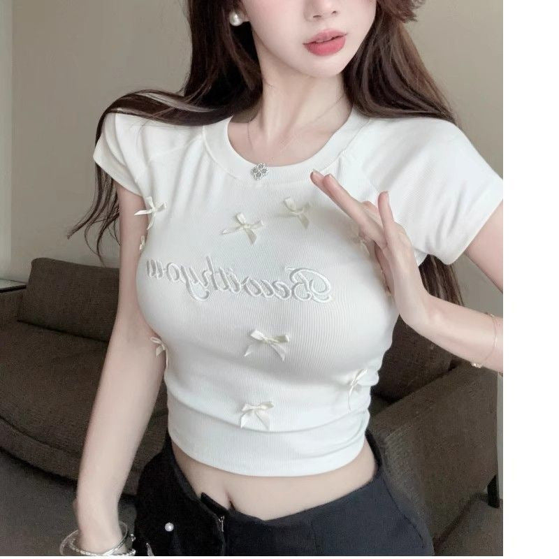 Three-Dimensional Bow T-Shirt Design Design Grisly Collar Letter Embroidered Shoulder Short Sleeves Pure Hot Babes In The Top
