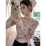Fashion Sexy Hottie Retro Broken Flower Long-Sleeved T-Shirt Girl Winter New Slim Slim Short Top Tide